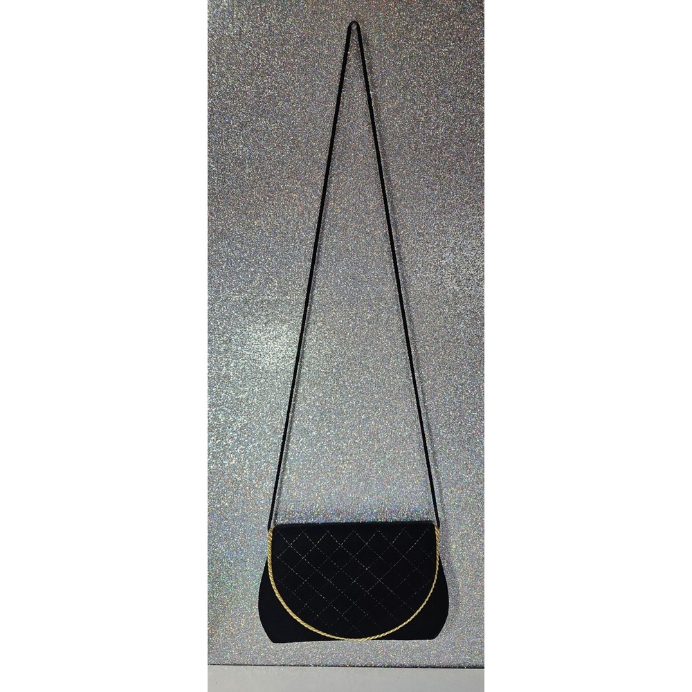 COURTENAY Vintage Black Velvet Quilted Stitched Gold Trim Evening Crossbody Bag - Picture 3 of 5